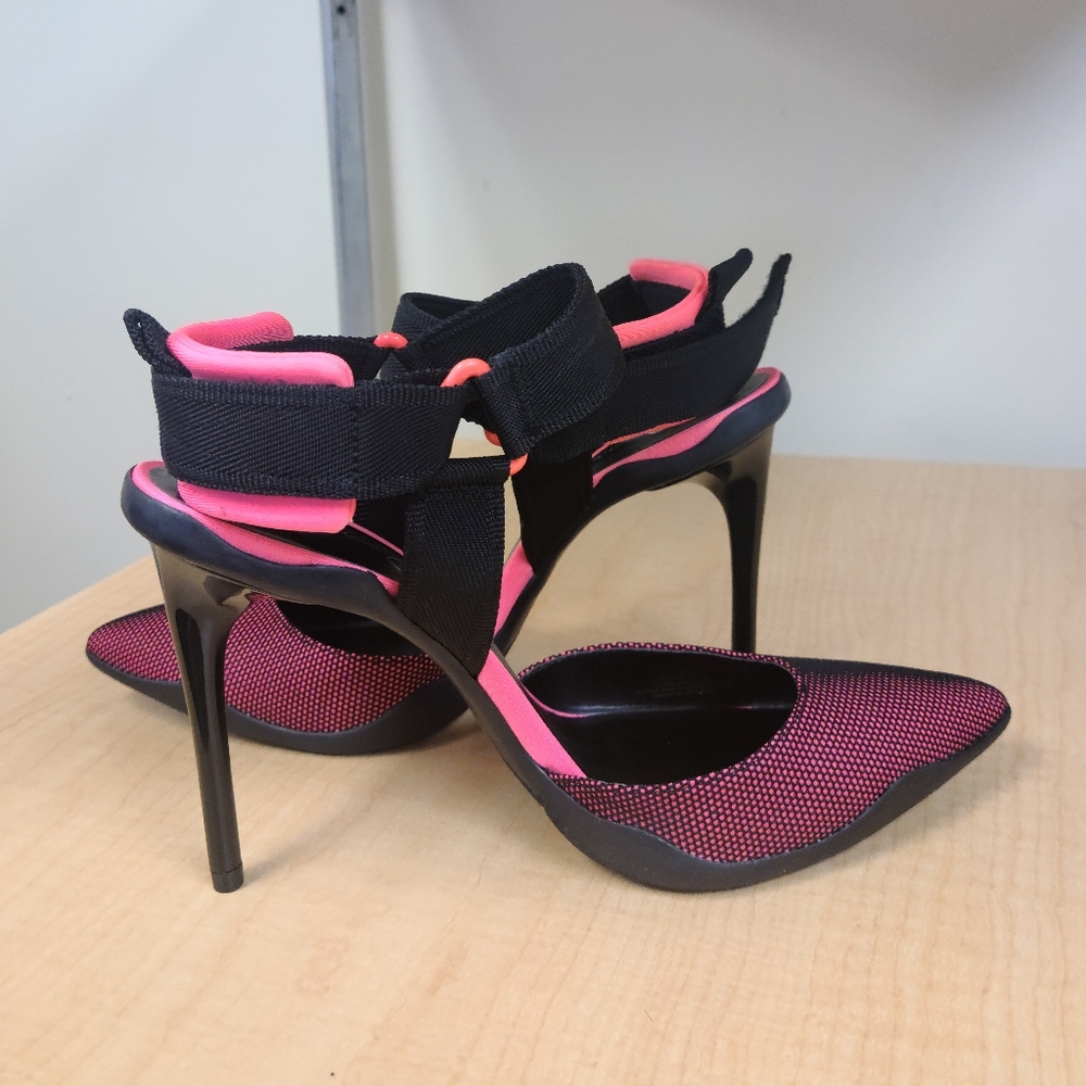 Neon Pink & Black Ankle Strap Pumps - Picture 6 of 10